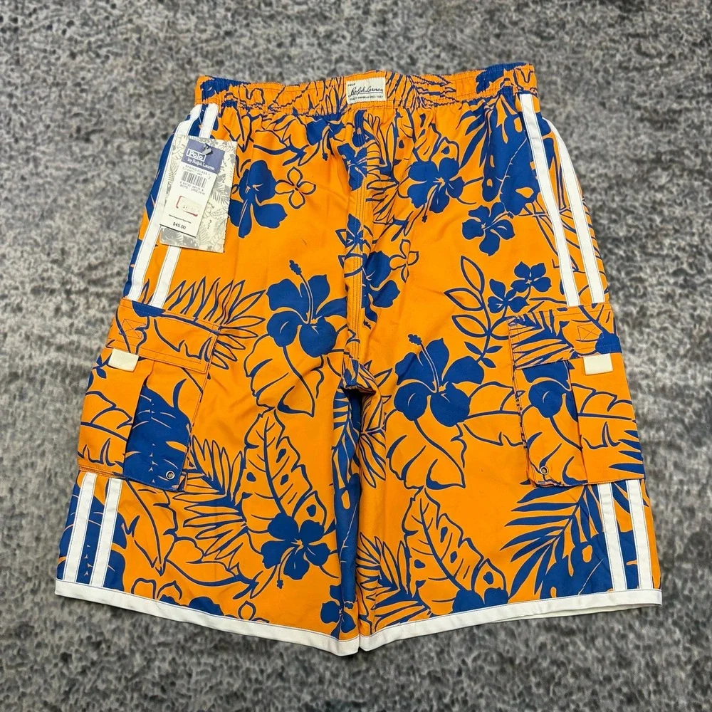 NWT VTG Polo Ralph Lauren Board Shorts Youth Medium Orange Blue Tropical Flora